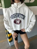 Kadın, Kapüşonlu, Dik Yaka Fermuarlı, Crop-Kısa, Bol-Oversize, Önü Yazı Baskılı, Haki, Sweatshirt - 5
