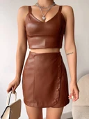 Beş düğmeli oval deri etek kahve h240068 - 4