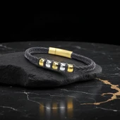 Orijinal Deri ve 316L Altın Tonlu Çelik Erkek Bileklik 31834B21D2 thumbnail 3