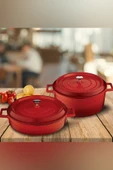 24cm Yuvarlak 28cm Sığ 2li Demir Döküm Tencere Seti Kırmızı thumbnail 1