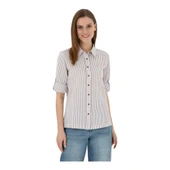 Kadın Bordo Uzun Kollu Çizgili Gömlek thumbnail 2