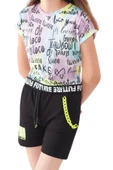 Kız Çocuk Future Yazı Desenli Crop Model Tişört Zincir Detaylı Lila Renk Şortlu Takım 2827 - 1