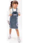 Kız Çocuk Oyuncak Tavşan Detaylı Uzun Kol Badili Yazı Resim Desenli Mavi Renk Kot Jile Elbise - 1