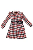Kız Çocuk Düğme Kapamalı Kemerli Ekose Desenli Kırmızı Renk Oduncu Elbise - 1