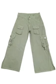 Kız Çocuk Kargo Cepli Cep Detaylı Paçası Yırtmaçlı Su Yeşili Pantolon - 1