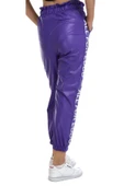 Kız Çocuk Yazı Şeritli Suni Deri Bel Bilek Lastikli Cepli Mor Renk Jogger Pantolon - 2