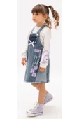 Kız Çocuk Oyuncak Tavşan Detaylı Uzun Kol Badili Yazı Resim Desenli Mavi Renk Kot Jile Elbise - 3
