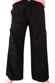 Kız Çocuk Beli Lastikli Komando Cep Bol Paça Model Siyah Renk Kot Pantolon - 1