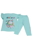 Kız Çocuk Çift Taraf Yazı Resim Desenli Su Yeşili Renk Kaprili Takım - 2