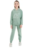 Kız Çocuk What Yazılı Kapüşonlu Mint Yeşili Eşofman Takımı - 1