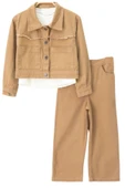 Kız Çocuk Kahverengi Gabardin Ceket Pantolon Badili Üçlü Takım - 1