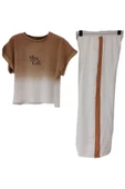 Kız Çocuk You Cute Kahverengi Çift Renk Tişört Yanı Şeritli Pantolon İkili Takım - 1