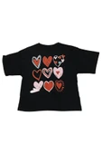 Kız Çocuk Önü Arkası Kalp Desenli Oversize Siyah Tişört - 1