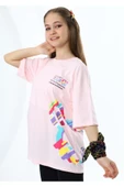Kız Çocuk The Outer Yazı Desenli Önü Arkası Baskılı Likralı Oversize Pudra Renk Tişört - 1