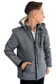 Erkek Çocuk Outdoor Yazılı Fermuar Cepli Kapüşonu Çıkabilen İçi Peluş Astarlı İnce Antrasit Mont - 2