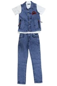Erkek Çocuk Düğme Kapamalı Kot Yelekli Tişört Kot Pantolon Üçlü Takım - 1
