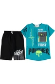 Erkek Çocuk Punisher Yazı Resim Desenli Cepli Turkuaz Renk Şortlu Takım - 1
