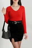 V yaka kaşkorse bluz kırmızı thumbnail 3