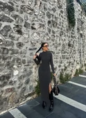 Yırtmaçlı kalın bürümcük uzun elbise siyah - 1