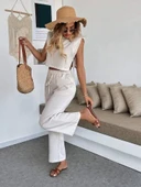 Yan bağlama detaylı pantolonlu takım bej thumbnail 2