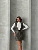 Deri jile elbise haki w24796 thumbnail 5