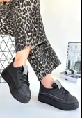 Leope Siyah Cilt Bağcıklı Spor Ayakkabı - 1