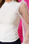 Dik yaka tül kollu bluz beyaz - 2