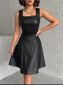 Kare yaka deri elbise siyah h24442 - 1