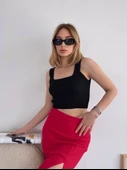 Yırtmaçlı esnek kumaş midi boy etek koyu kırmızı - 2