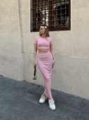 Çizgili etekli takım pembe s3609 - 5