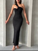 Krinkıl tek omuz uzun elbise siyah s25455 - 5