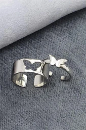 Kelebek Motifli Ayarlanabilir 925 Gümüş Çift Alyans Yüzük - 2