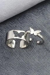 Kelebek Motifli Ayarlanabilir 925 Gümüş Çift Alyans Yüzük - 8