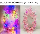 Kalp Püsküllü Gece Parıltısı 3 Modlu LED'li Işıklı Taç Pembe Renk - 2