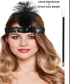 1920'ler Gatsby Aksesuar Seti – Siyah Charleston Saç Bandı & Sigaralık thumbnail 3