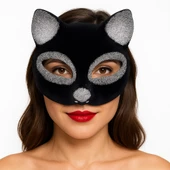 Siyah Renk Gümüş Simli Süet Kaplama Kedi Maskesi 18x14 cm thumbnail 1