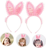 Kenarları Dantelli Pembe Pullu Payetli Led Işıklı Tavşan Kulak Taç 23x19 cm thumbnail 5