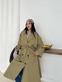 Kadın Haki Uzun Trençkot Cepli Kuşaklı Rüzgar Kapaklı Yeni Sezon Dış Giyim thumbnail 4