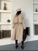 Kadın Krem Uzun Trençkot Cepli Kuşaklı Rüzgar Kapaklı Yeni Sezon Dış Giyim thumbnail 3