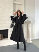 Kadın Siyah Uzun Trençkot Cepli Kuşaklı Rüzgar Kapaklı Yeni Sezon Dış Giyim thumbnail 3
