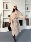 Kadın Krem Uzun Trençkot Cepli Kuşaklı Rüzgar Kapaklı Yeni Sezon Dış Giyim thumbnail 5