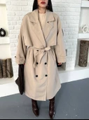 Kadın Krem Uzun Trençkot Cepli Kuşaklı Rüzgar Kapaklı Yeni Sezon Dış Giyim thumbnail 4