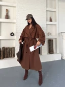 Kadın Taba Uzun Trençkot Cepli Kuşaklı Rüzgar Kapaklı Yeni Sezon Dış Giyim thumbnail 2