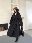 Kadın Siyah Uzun Trençkot Cepli Kuşaklı Rüzgar Kapaklı Yeni Sezon Dış Giyim thumbnail 2