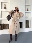 Kadın Krem Uzun Trençkot Cepli Kuşaklı Rüzgar Kapaklı Yeni Sezon Dış Giyim thumbnail 8