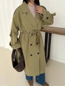 Kadın Haki Uzun Trençkot Cepli Kuşaklı Rüzgar Kapaklı Yeni Sezon Dış Giyim thumbnail 3