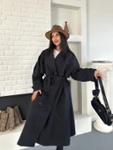 Kadın Siyah Uzun Trençkot Cepli Kuşaklı Rüzgar Kapaklı Yeni Sezon Dış Giyim thumbnail 7