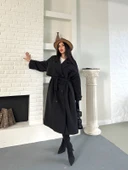 Kadın Siyah Uzun Trençkot Cepli Kuşaklı Rüzgar Kapaklı Yeni Sezon Dış Giyim thumbnail 4