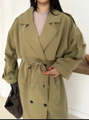 Kadın Haki Uzun Trençkot Cepli Kuşaklı Rüzgar Kapaklı Yeni Sezon Dış Giyim thumbnail 6