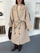 Kadın Krem Uzun Trençkot Cepli Kuşaklı Rüzgar Kapaklı Yeni Sezon Dış Giyim thumbnail 2